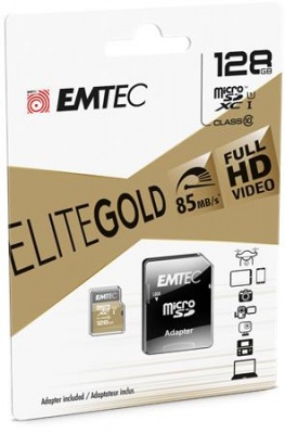 Memóriakártya, microSDXC, 128GB, UHS-I/U1, 85/20 MB/s, adapter, EMTEC "Elite Gold"